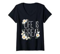 Mujer Positive Floral Daisy Flower, Inspirational, Life is Great Camiseta Cuello V
