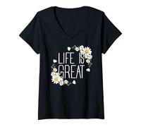 Mujer Positive Floral Daisy Flower, Inspirational, Life is Great Camiseta Cuello V