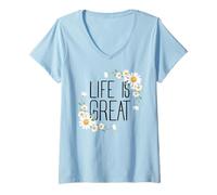 Mujer Positive Floral Daisy Flower, Inspirational, Life is Great Camiseta Cuello V