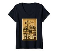 Mujer Póster de ajedrez Cristiano Vintage de Jaque Mate por Cristo Camiseta Cuello V