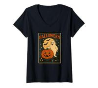 Mujer Póster de Calabaza Fantasma de Halloween Camiseta Cuello V
