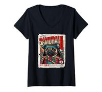 Mujer Póster de Estilo japonés Samurai Pug Dog Warrior Retro Graphic Camiseta Cuello V