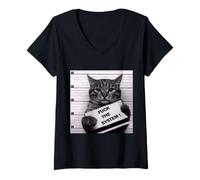 Mujer Póster de gato Fuck the System Most Wanted Camiseta Cuello V