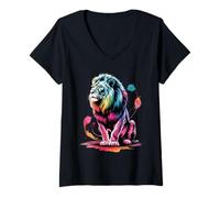 Mujer Póster de león Estilo Colorido Salpicaduras de Pintura artística Camiseta Cuello V