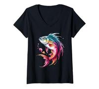 Mujer Póster de Peces Estilo Colorido Salpicaduras de Pintura Art Graphic Splash Camiseta Cuello V