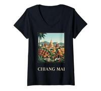 Mujer Póster de Viaje del Templo de Tailandia de Chiang MAI Camiseta Cuello V