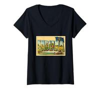 Mujer Póster gráfico de Viaje Retro Vintage con Letras de los años 50 de Indiana Camiseta Cuello V