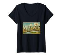 Mujer Póster gráfico de Viaje Retro Vintage de Illinois Chicago de los años 50 Camiseta Cuello V