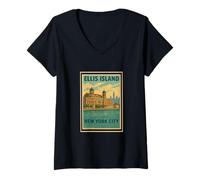 Mujer Póster retro vintage de Ellis Island New York City State NY NYC Camiseta Cuello V