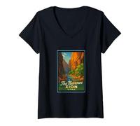 Mujer Póster retro vintage The Narrows Utah UT Zion Art Graphic Camiseta Cuello V