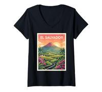 Mujer Póster Viaje Vintage El Salvador Camino Volcán Camiseta Cuello V