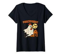 Mujer Poultrygeist Funny Chicken Ghost Halloween Pun Design Camiseta Cuello V