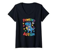 Mujer Powered by Autism Dinosaur Puzzle Heart Colorful Design Tees Camiseta Cuello V