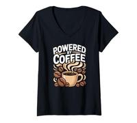 Mujer Powered by Coffee Caffeine Lover Espresso Beans Taza de la mañana Camiseta Cuello V