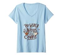 Mujer Powered by Jesus and Coffee Christian Faith Men Women Kids Camiseta Cuello V
