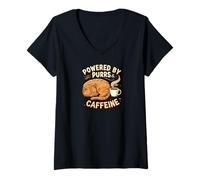 Mujer Powered by Purrs & Caffeine Cat Lover Coffee Design Camiseta Cuello V