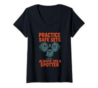Mujer Practice Safe Sets Always Use a Spotter - Juego de palabras de seguridad en el gimnasio Camiseta Cuello V