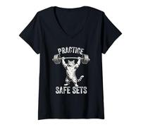 Mujer Practice Safe Sets Divertido Gimnasio Entrenando Fitness Gato Camiseta Cuello V