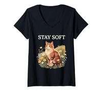 Mujer Pradera Floral para Gatos Stay Soft Cottagecore Camiseta Cuello V
