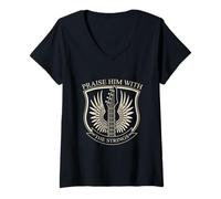 Mujer Praise Him with The Strings Christian Guitar Psalm 150:4 Camiseta Cuello V