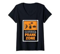 Mujer Praution Prank Zone Funny April Fools Day Joke Prankster Camiseta Cuello V