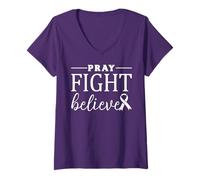 Mujer Pray Fight Believe Pancreatic Cancer Concientización Cristiano Camiseta Cuello V