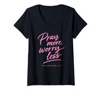 Mujer Pray More Worry Less Biblia Versículo Fe Escritura Filipenses Camiseta Cuello V