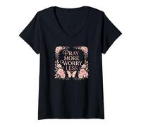 Mujer Pray More Worry Less Butterfly Floral Christian Faith Camiseta Cuello V