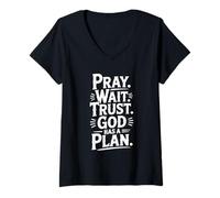 Mujer Pray Wait Confía en Que Dios Tiene un Plan Inspirador Camiseta Cuello V
