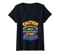 Mujer Precaución Puede Comenzar a Cantar espontáneamente Amante de la música Cantante Camiseta Cuello V