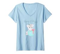 Mujer Precious Moments Meowy and Bright Cat Christmas Ornament Camiseta Cuello V