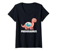 Mujer Pregosaurus, Pregnant Dinosaur, Baby Pregnancy Announcement Camiseta Cuello V