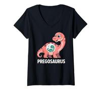 Mujer Pregosaurus, Pregnant Dinosaur, Baby Pregnancy Announcement Camiseta Cuello V