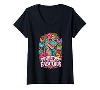 Mujer Prehistórico Pero hazlo Fabuloso Dino Diva Retro Floral Trex Camiseta Cuello V