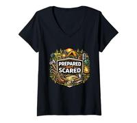 Mujer Prepared Not Scared Camping Readiness Mindset Emblema Camiseta Cuello V