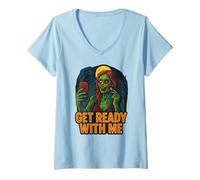 Mujer Prepárese conmigo Zombie Funny GRWM Meme Design Camiseta Cuello V