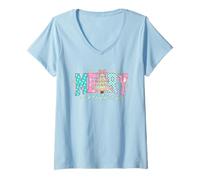 Mujer Preppy Pink Christmas Coquette Camiseta Cuello V