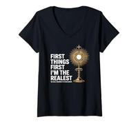 Mujer Presencia Real Monstrance Humor católico Camiseta Cuello V
