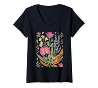 Mujer Pressed Wildflower Meadow Florist Botanical Art Camiseta Cuello V