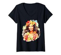 Mujer Pretty Hawaiian Hula Girl Acuarela Camiseta Cuello V