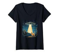Mujer Pretty UFO viste a un gato como atuendo de aventura galáctica Camiseta Cuello V
