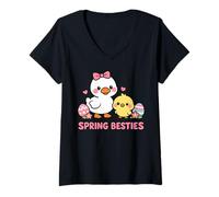 Mujer Primavera Besties Kawaii Pato y Pollito Huevos de Pascua Lindo Dibujos Animados Camiseta Cuello V