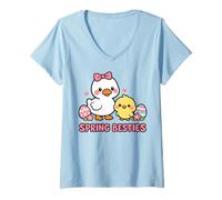 Mujer Primavera Besties Kawaii Pato y Pollito Huevos de Pascua Lindo Dibujos Animados Camiseta Cuello V