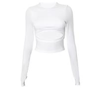 Mujer Primavera Casual Camiseta Sólida Cuello Redondo Manga Larga Hueco Sin Ombligo Tops Simple Básico Versátil Slim Blusa,Blanco,Metro