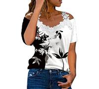 Mujer Primavera Verano Estampado Encaje Casual Manga Corta Cuello en V Camiseta Top Blusa V Camisa Hombre, Negro , M