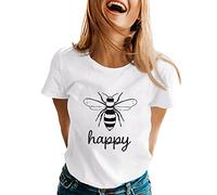 Mujer Primavera Verano Impreso Camiseta de Manga Corta con Cuello O Camisa Mujer Manga Corta, Blanco, XL