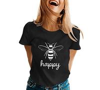 Mujer Primavera Verano Impreso Camiseta de Manga Corta con Cuello O Camisa Mujer Manga Corta, Negro , L