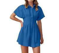 Mujer Primavera Verano Vestidos Casual Cómodo Vestido Moderno Elegante Faldas Mujeres Ajustado Temperamento Cuello en V Plisado Cremallera Vestido, azul, L