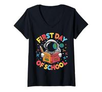 Mujer Primer día de Escuela Niños Espacio Astronauta Regreso a la Escuela niños Camiseta Cuello V