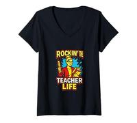 Mujer Primer día de Teacher Rockin' The Teacher Life, Lindo ABCD para Mujer Camiseta Cuello V